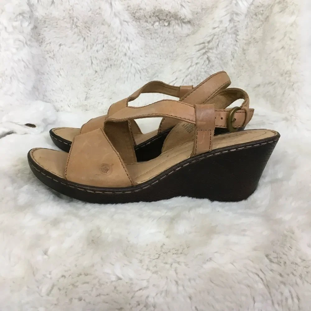Born Women's Tan Leather Strappy Open Toe Wedge Sandals Size 9M